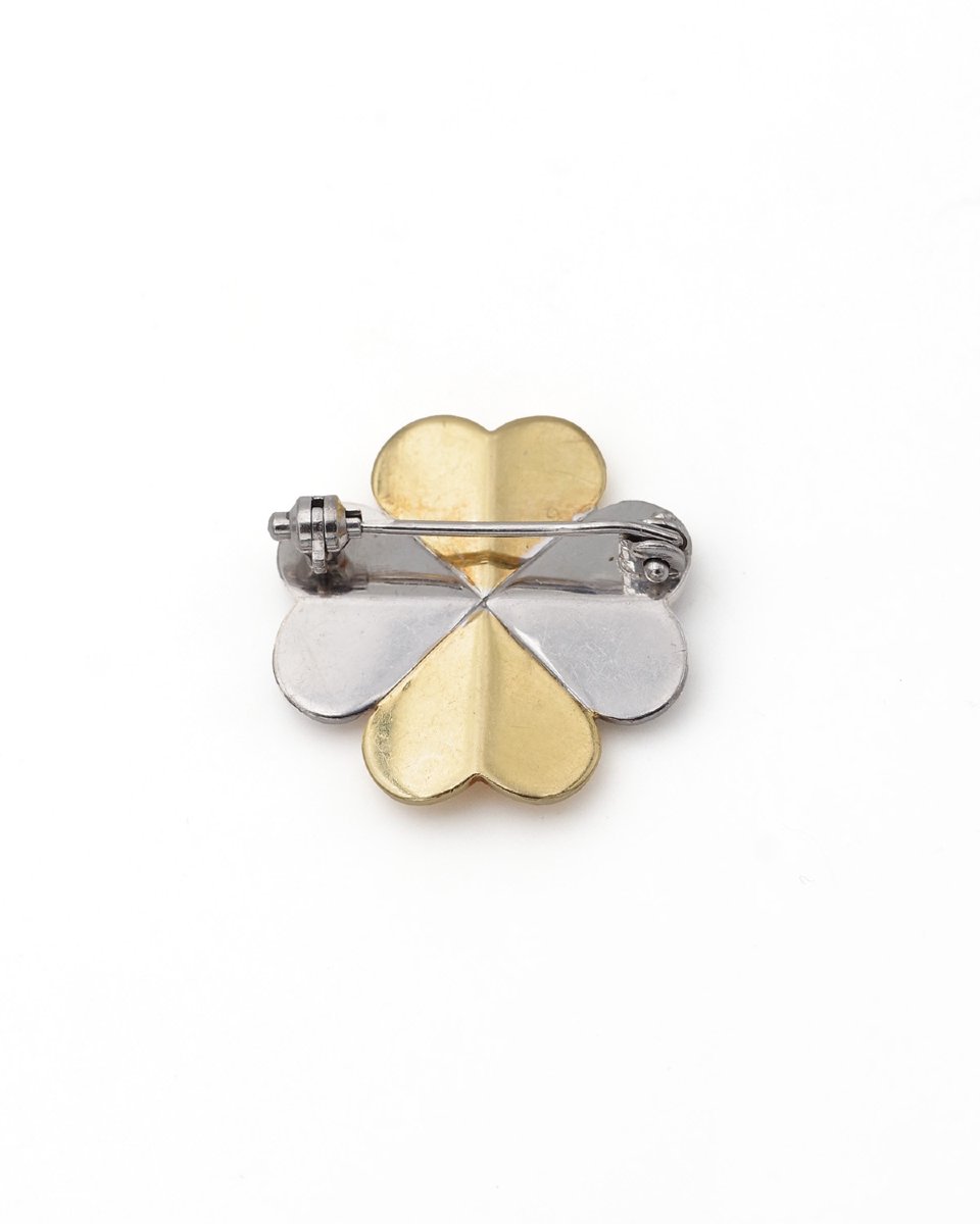 Broche porte-bonheur trèfle à 4 feuilles en or deux tons, diamant de 0.25 ct-photo-3