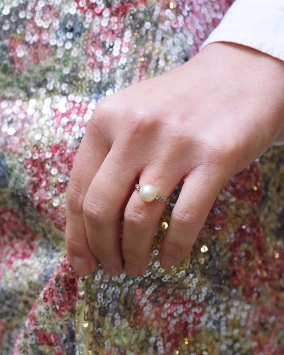 Bague solitaire perle fine et diamants en or 18k et platine, Certificat laboratoire-photo-3