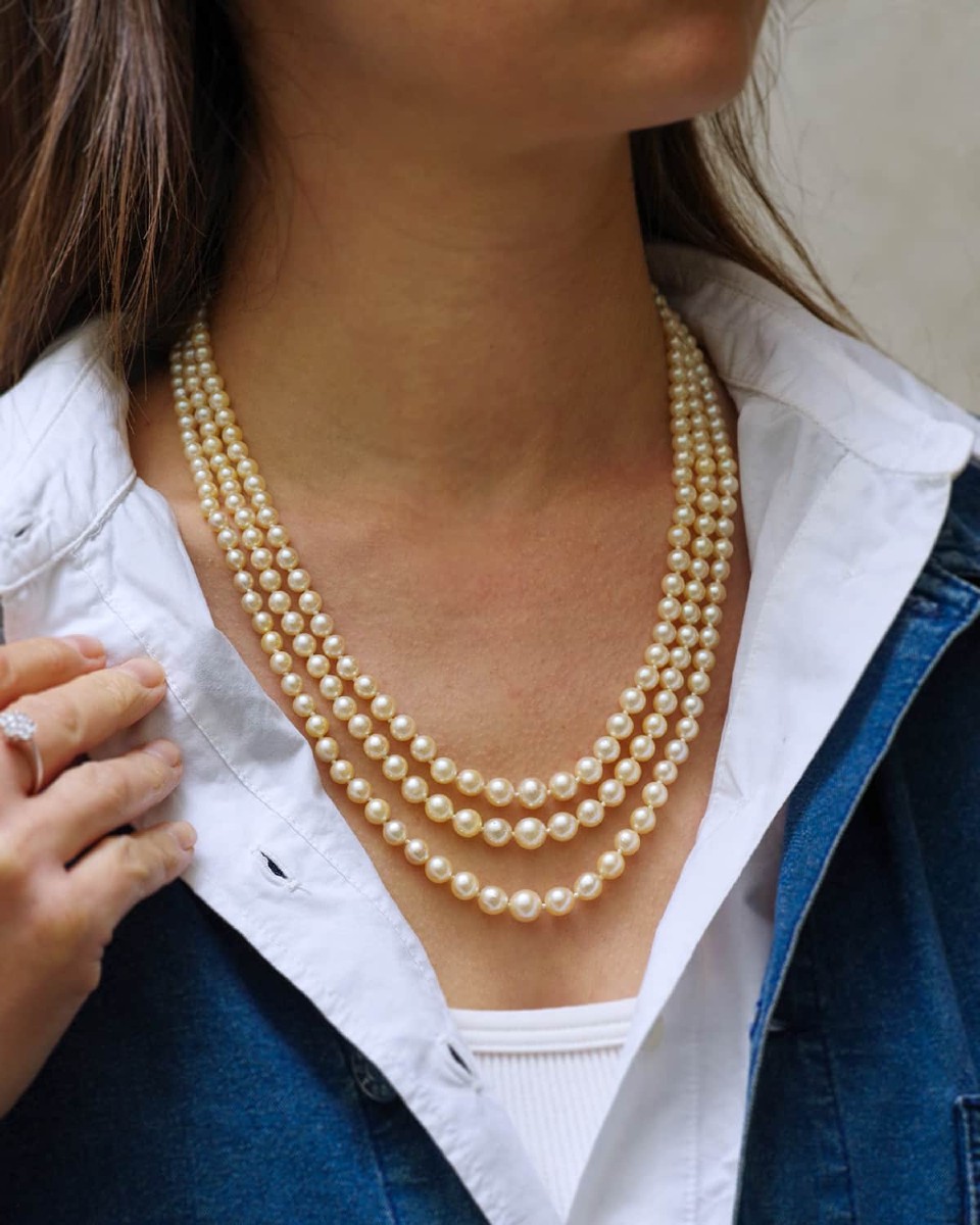 Three-strand Pearl Necklace With An 18k White Gold Clasp, Cultured Pearl, Retro Necklace 