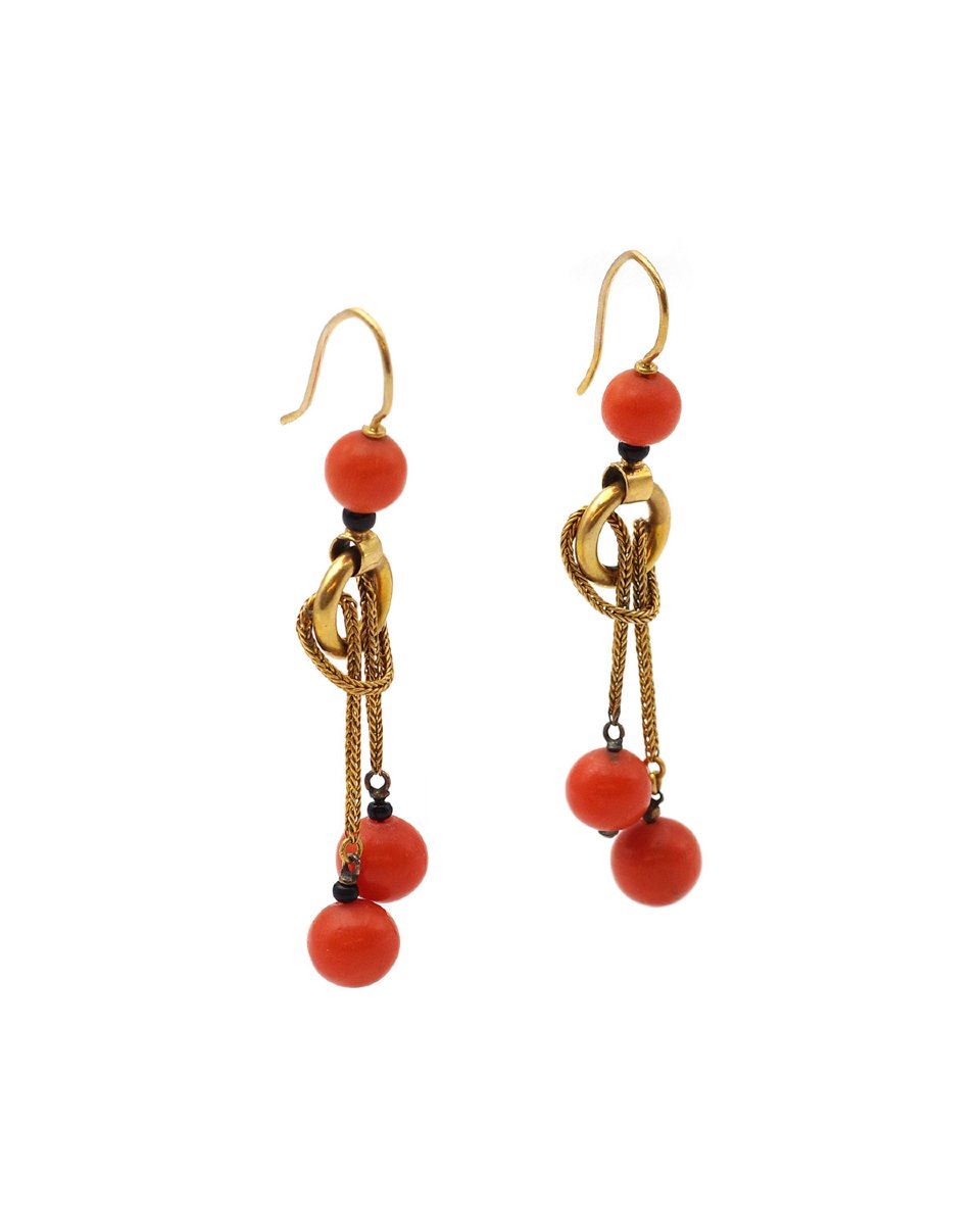 Victorian Coral Antique Long Pendant Earrings 18k Gold, Logn Earrings, Coral Beads-photo-2