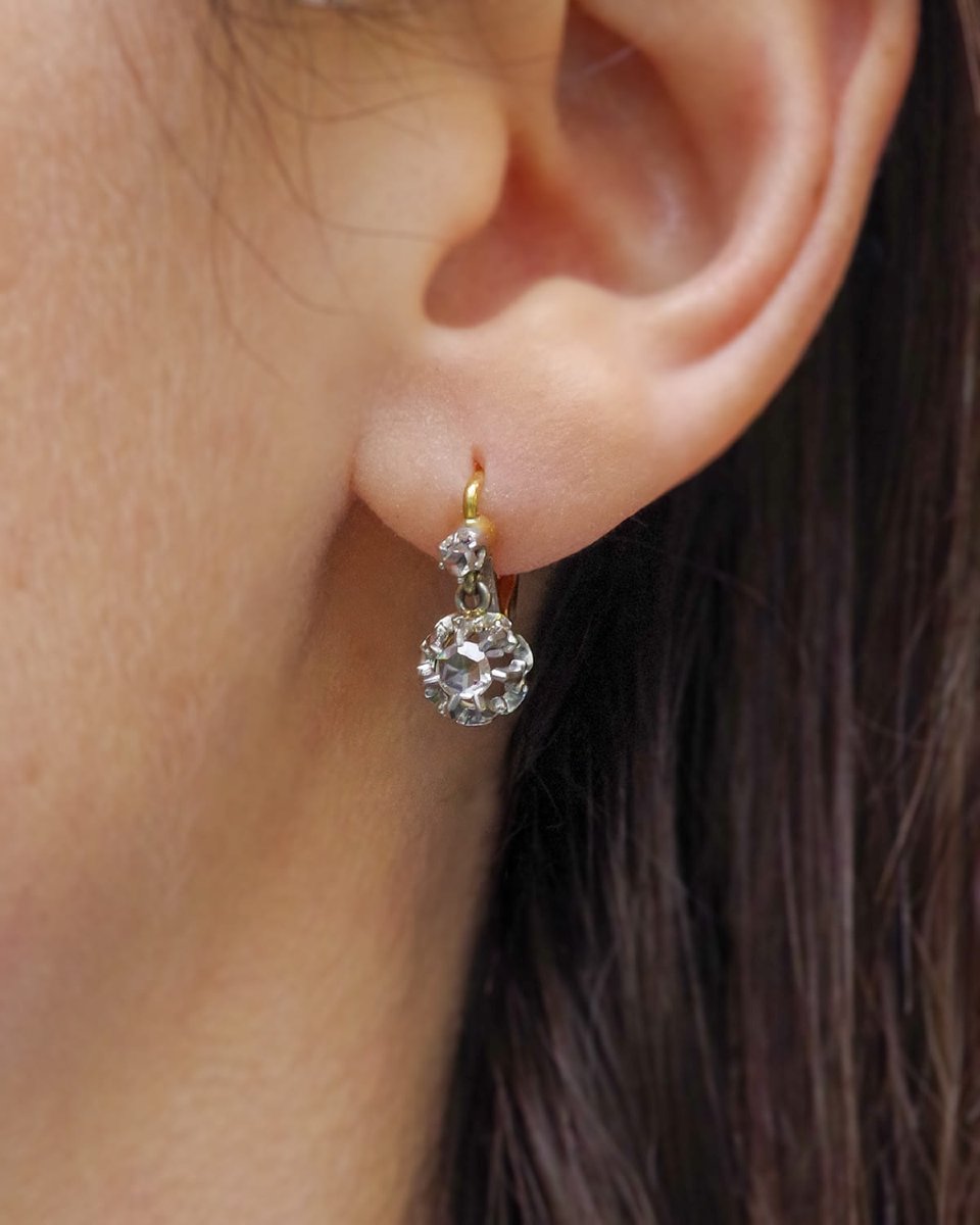 Dormeuses ancienne diamants de 0.20 ct, en or 18k et platine, boucles d'oreille Art Deco-photo-3