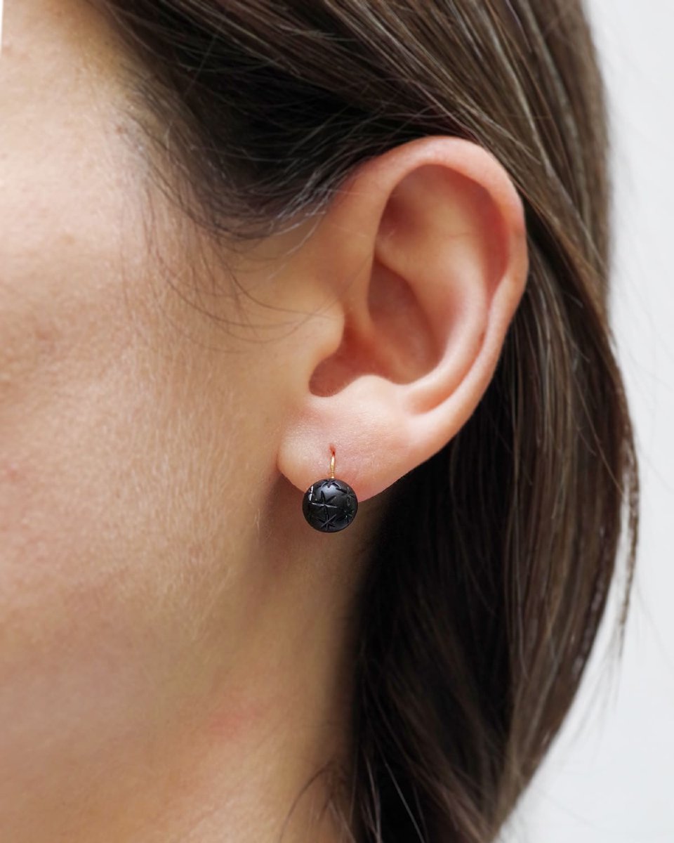 Dormeuses anciennes étoilées en or 18 karats, boucles d'oreille noires-photo-1