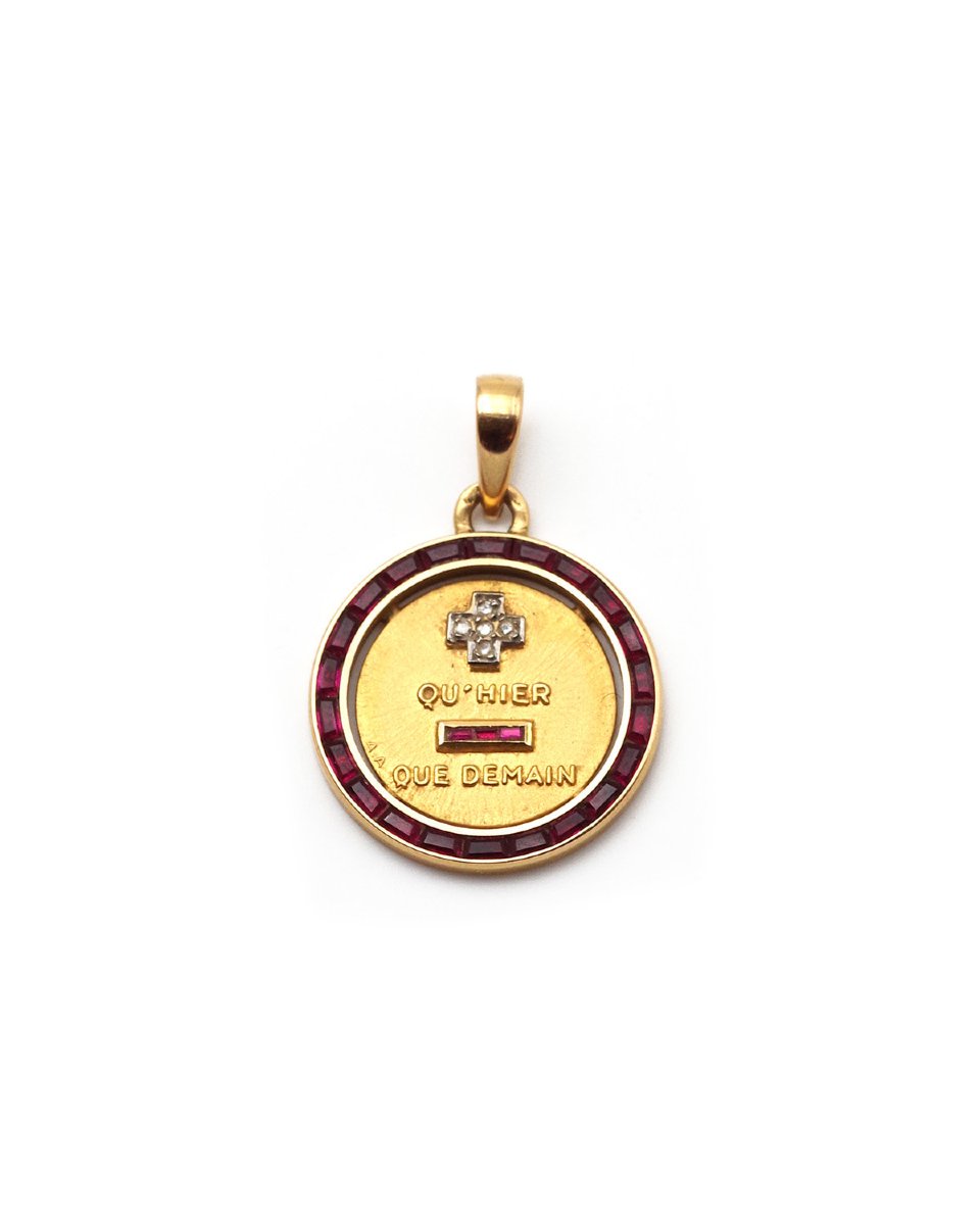 Augis Ruby Halo Love Pendant In 18 Karat Gold, Love Medal, Alphonse Augis-photo-4