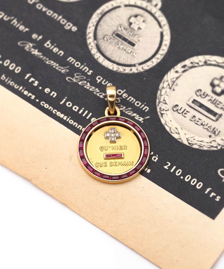 Augis Ruby Halo Love Pendant In 18 Karat Gold, Love Medal, Alphonse Augis