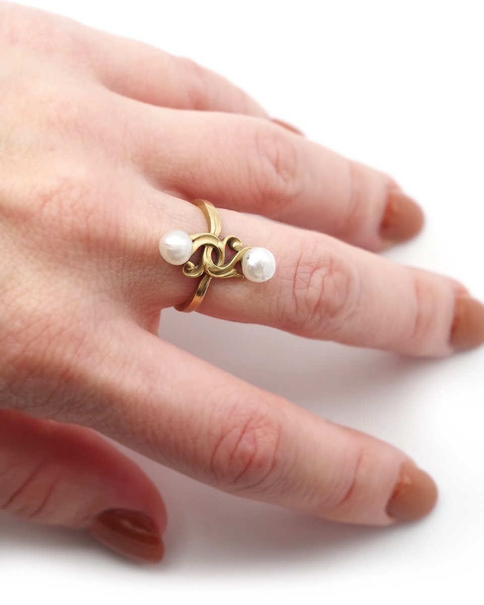 Bague Art Nouveau française, perles fines, or 18k, bijou Art Nouveau, Prosper Lavanture -photo-4