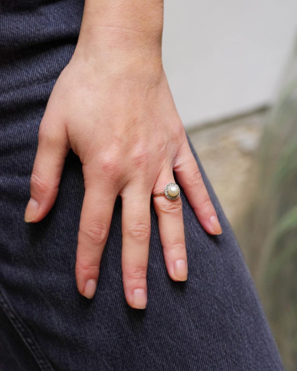 Art Deco Pearl Diamond Ring In 18k Gold, Circular Ring, Rose Cut Diamond, Certified Pearl -photo-2