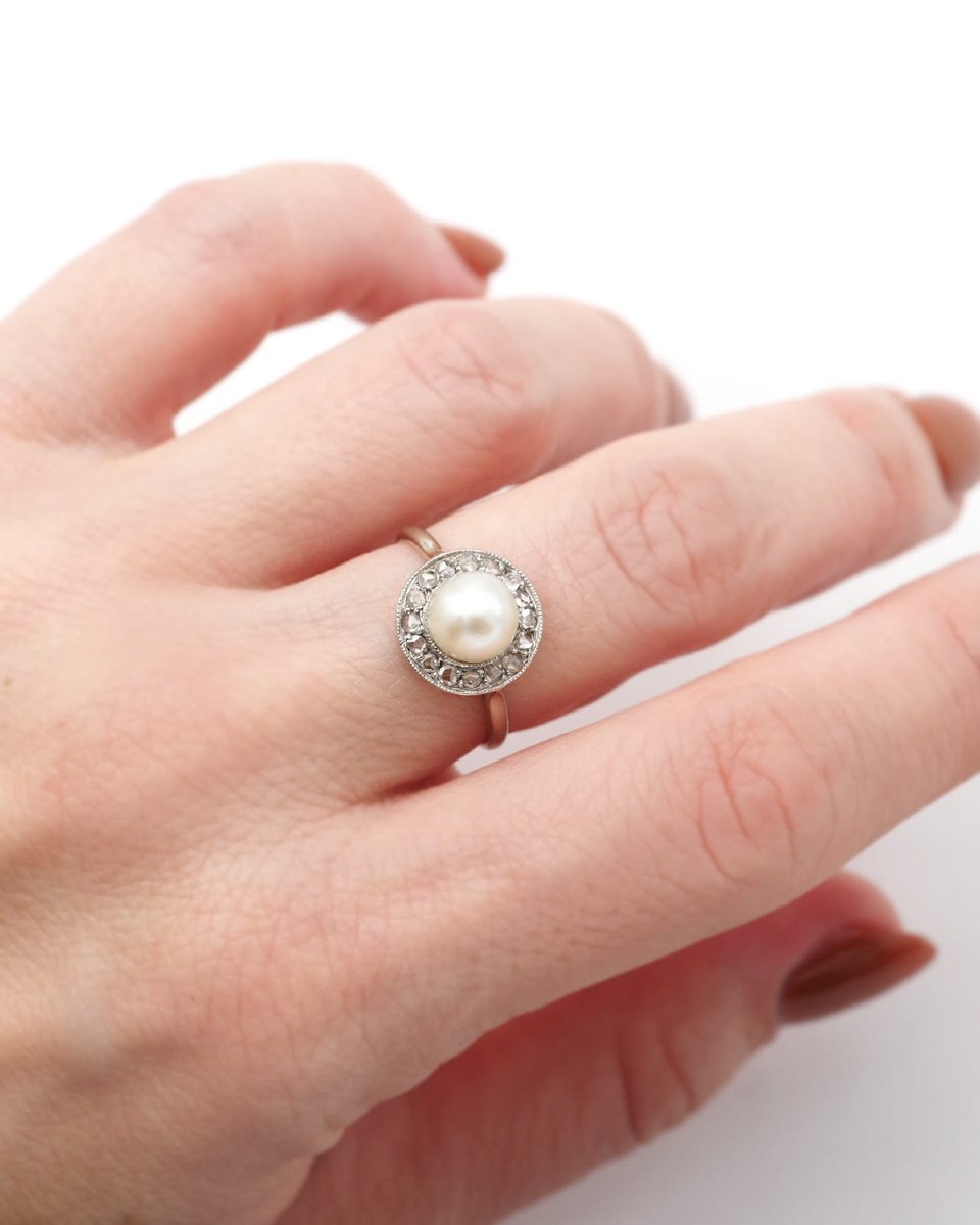 Art Deco Pearl Diamond Ring In 18k Gold, Circular Ring, Rose Cut Diamond, Certified Pearl -photo-3