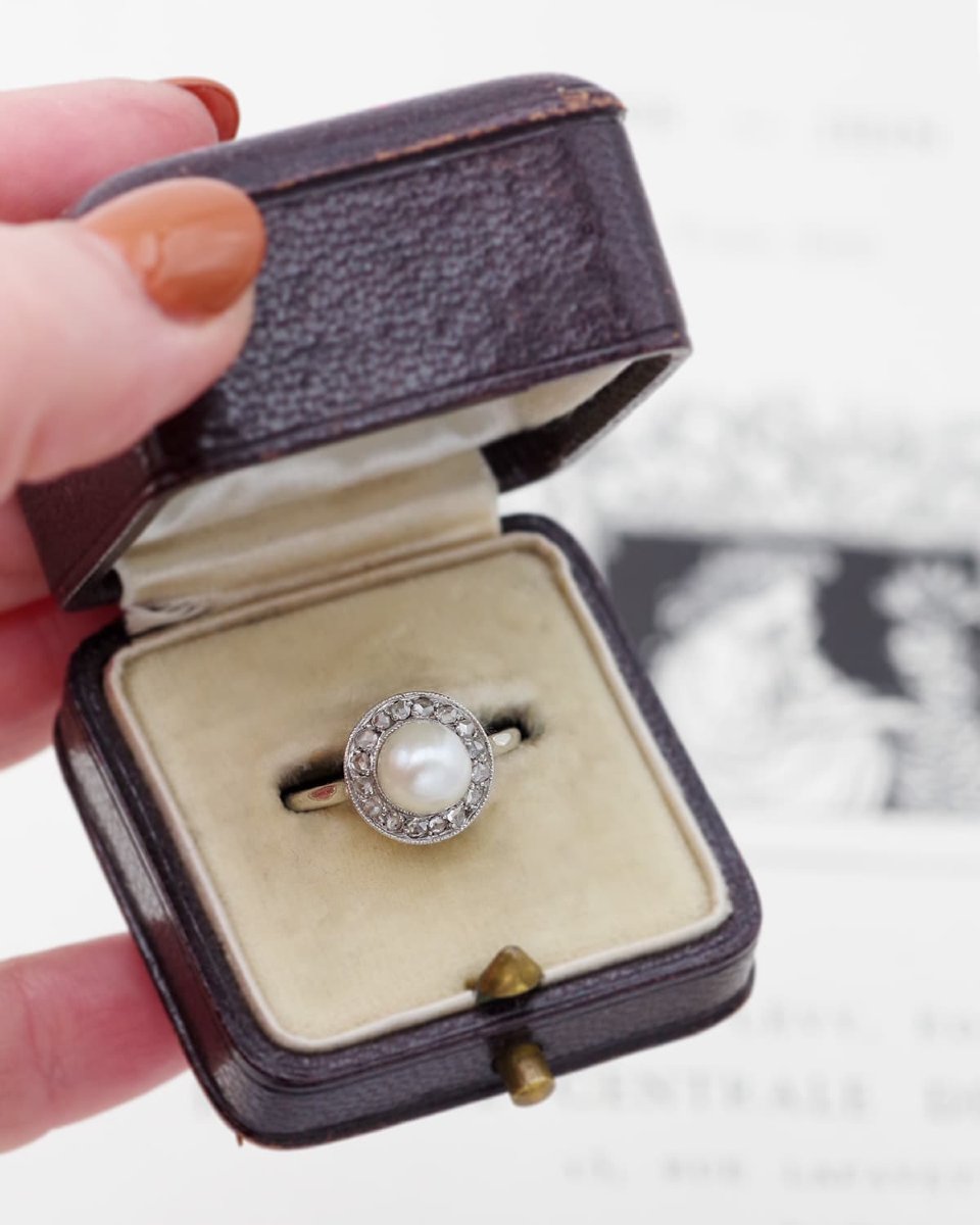 Art Deco Pearl Diamond Ring In 18k Gold, Circular Ring, Rose Cut Diamond, Certified Pearl -photo-4