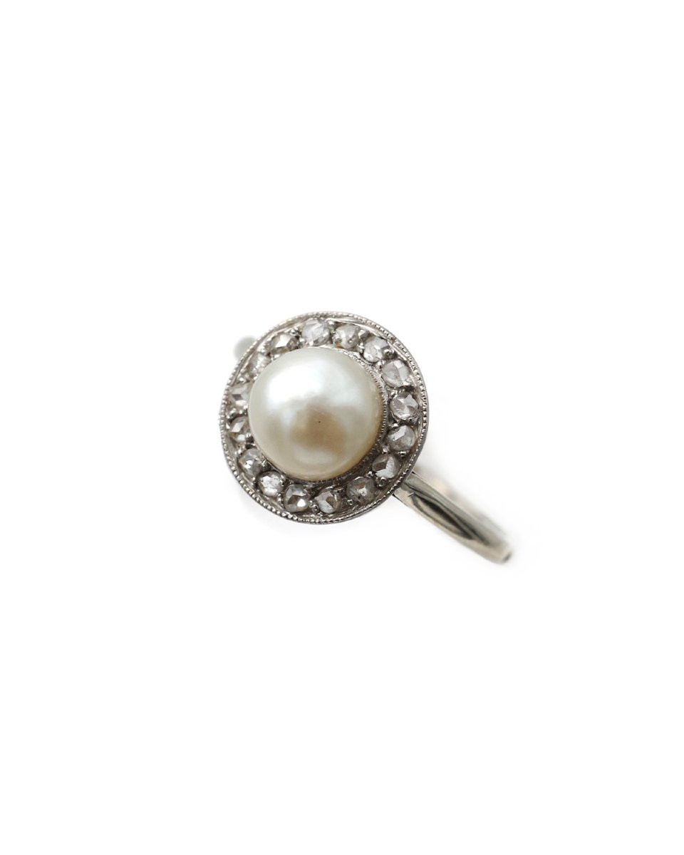 Art Deco Pearl Diamond Ring In 18k Gold, Circular Ring, Rose Cut Diamond, Certified Pearl -photo-1
