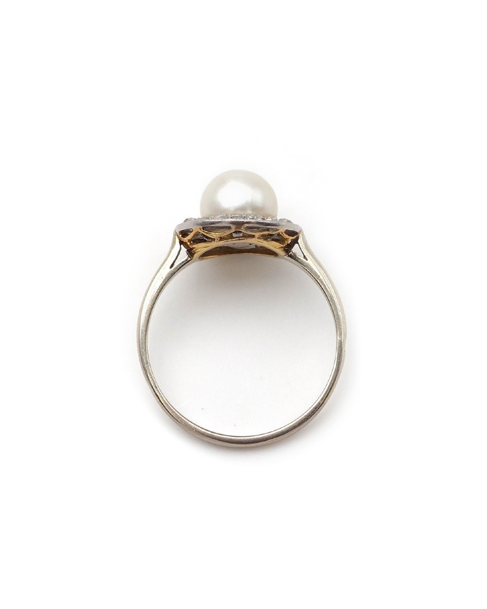 Art Deco Pearl Diamond Ring In 18k Gold, Circular Ring, Rose Cut Diamond, Certified Pearl -photo-2