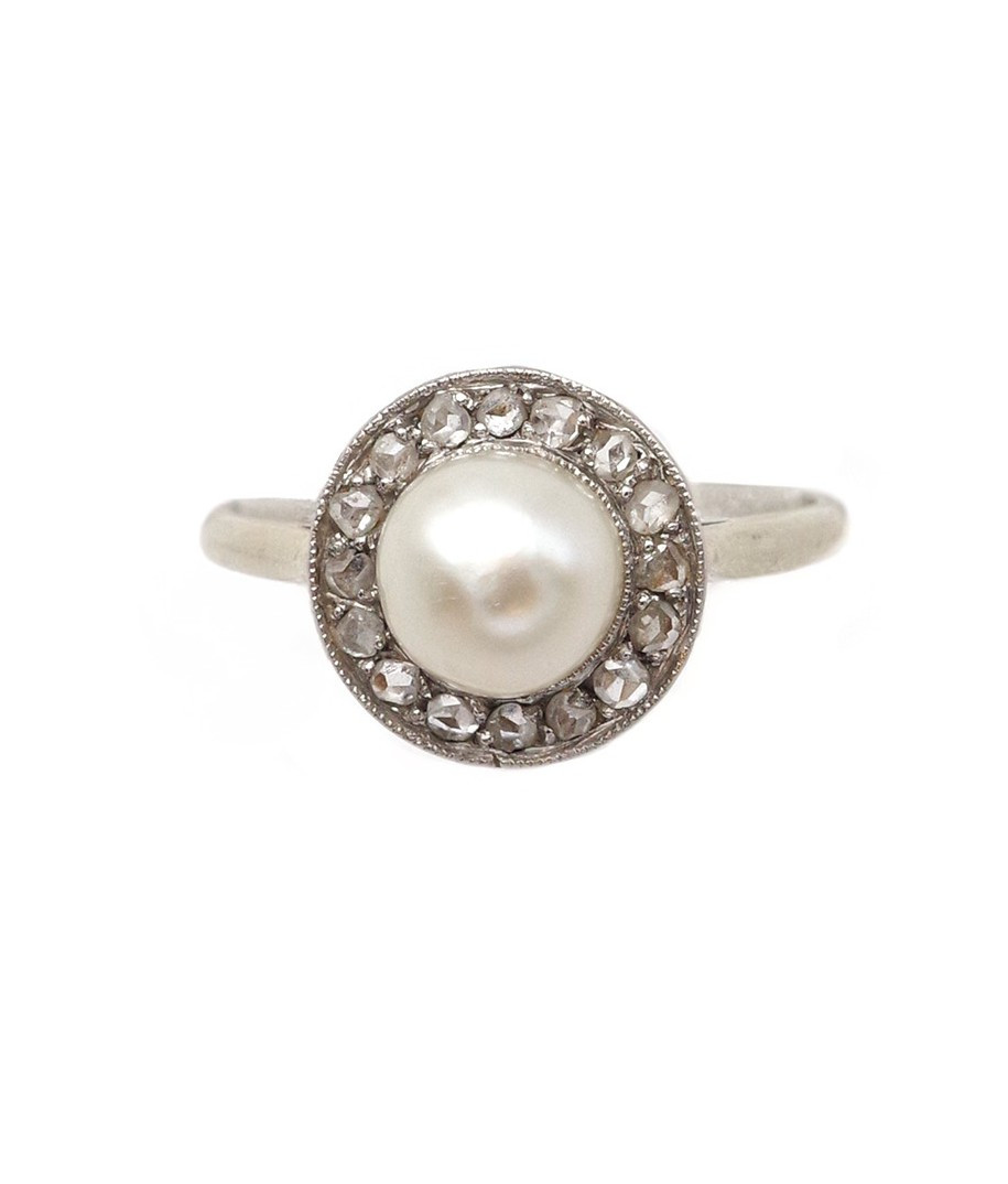 Art Deco Pearl Diamond Ring In 18k Gold, Circular Ring, Rose Cut Diamond, Certified Pearl 