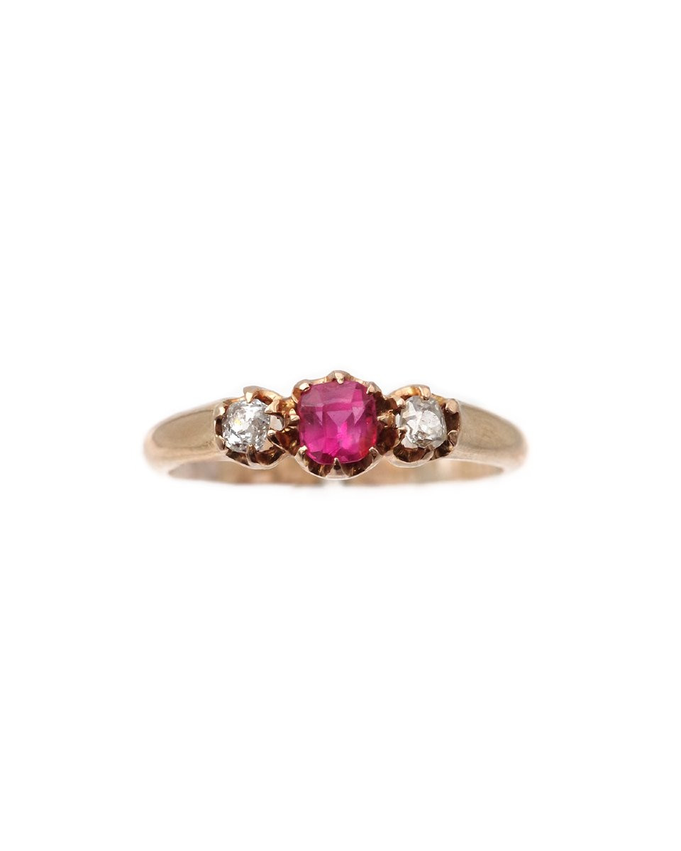 Victorian Trilogy Pink Sapphire Diamond Ring 18k Gold, Antique Bridal Ring, Natural Sapphire -photo-2