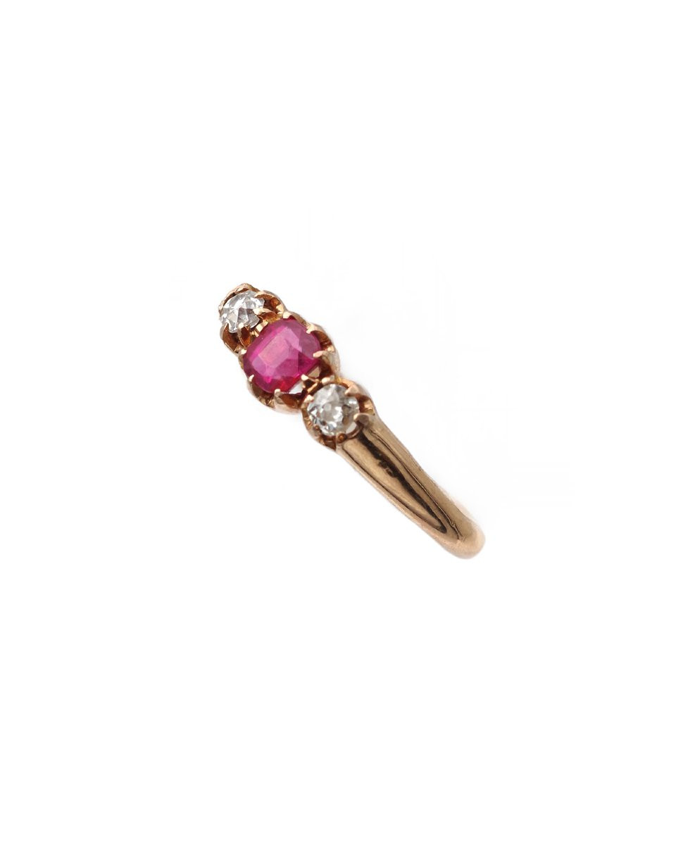 Victorian Trilogy Pink Sapphire Diamond Ring 18k Gold, Antique Bridal Ring, Natural Sapphire -photo-3