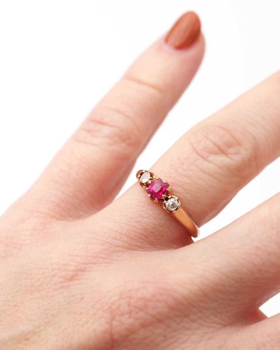 Victorian Trilogy Pink Sapphire Diamond Ring 18k Gold, Antique Bridal Ring, Natural Sapphire -photo-2