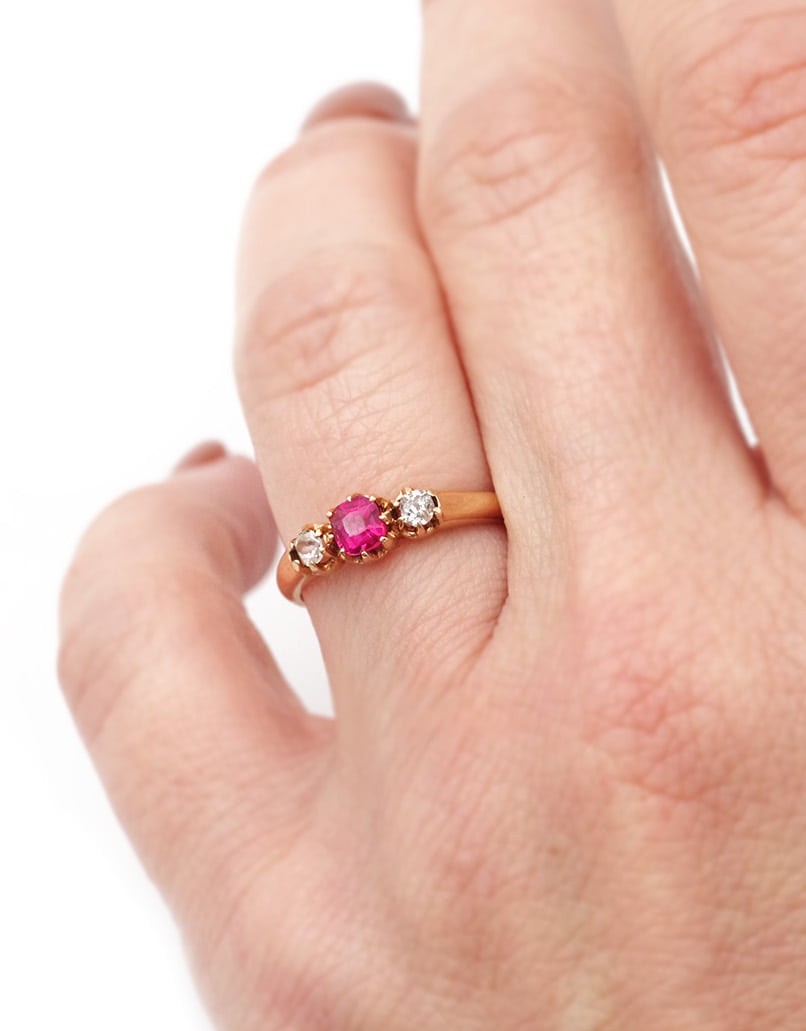 Victorian Trilogy Pink Sapphire Diamond Ring 18k Gold, Antique Bridal Ring, Natural Sapphire 