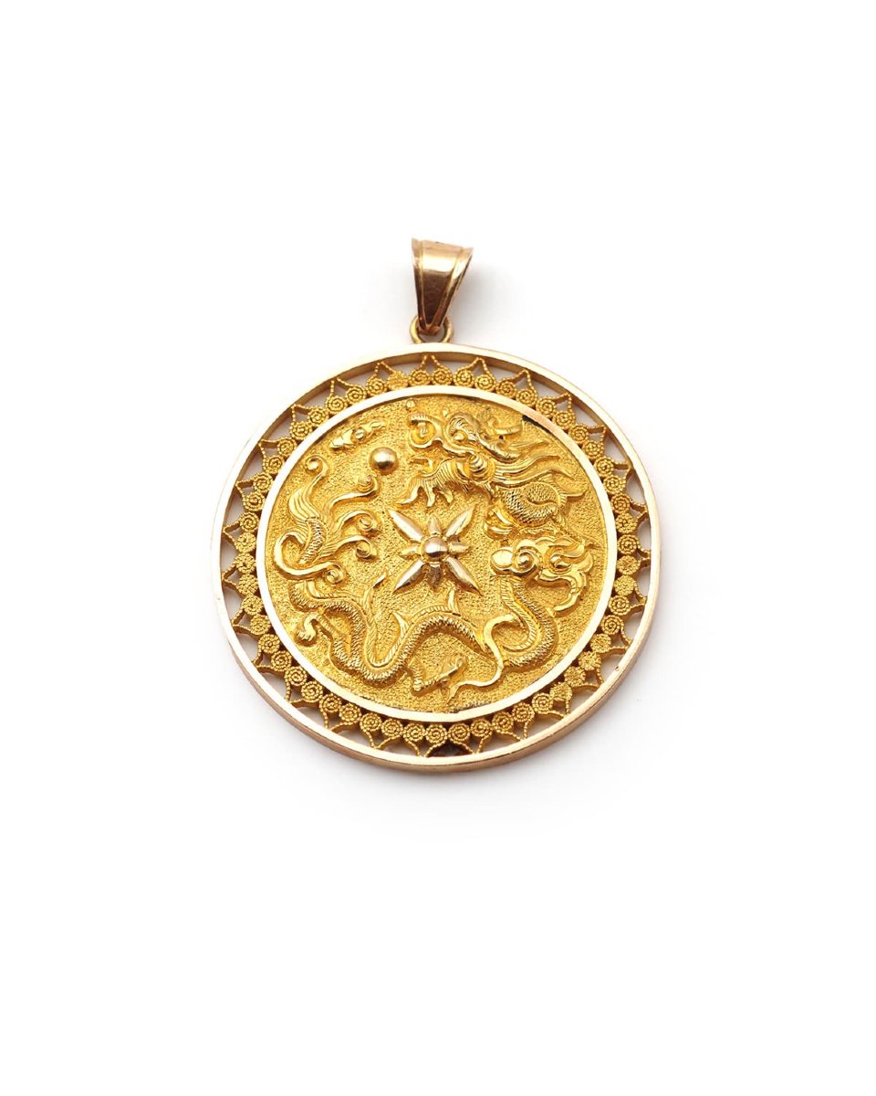 Grand pendentif porte-bonheur chinois en or 18k, pendentif ancien, prospérité, longévité-photo-2