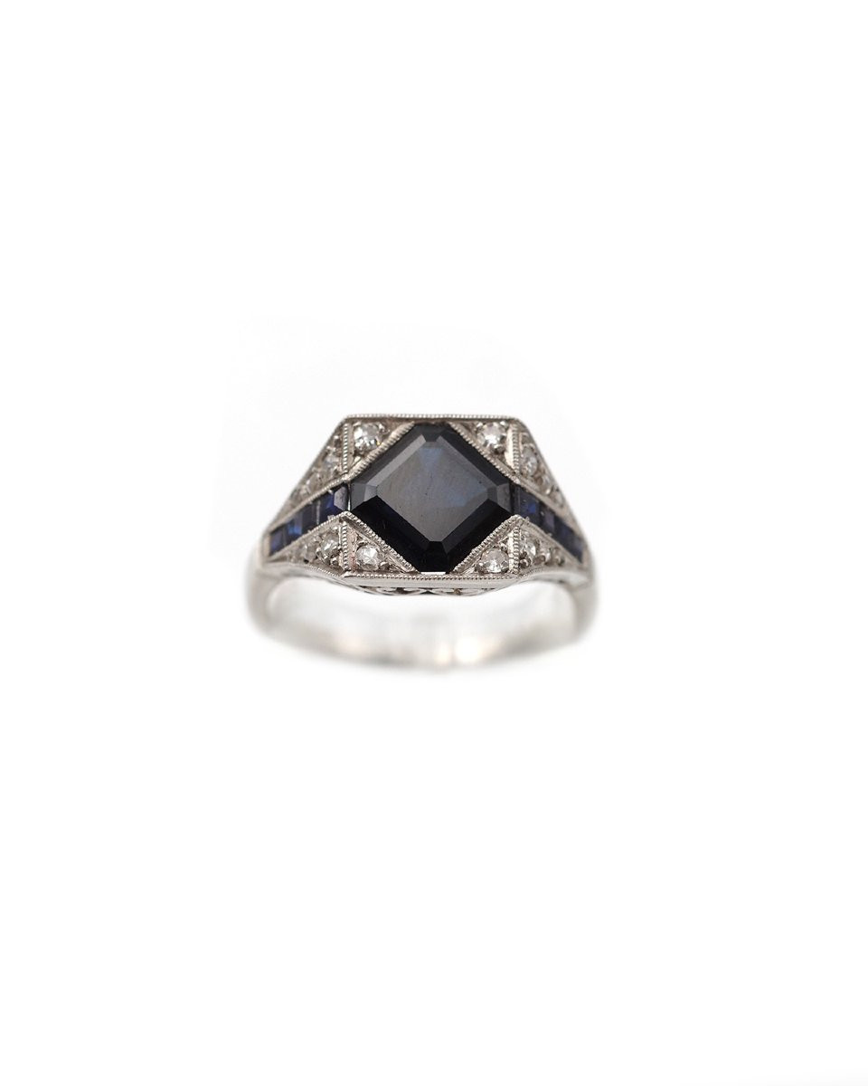 Art Deco Square Sapphire And Diamond Ring In Platinum, Geometric Ring, Natural Sapphire 1.72 Ct-photo-3