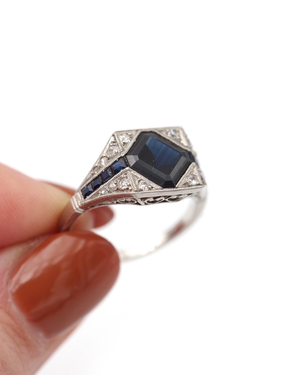 Art Deco Square Sapphire And Diamond Ring In Platinum, Geometric Ring, Natural Sapphire 1.72 Ct-photo-2