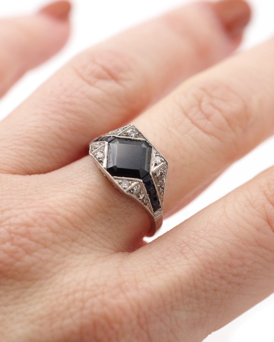 Art Deco Square Sapphire And Diamond Ring In Platinum, Geometric Ring, Natural Sapphire 1.72 Ct-photo-4