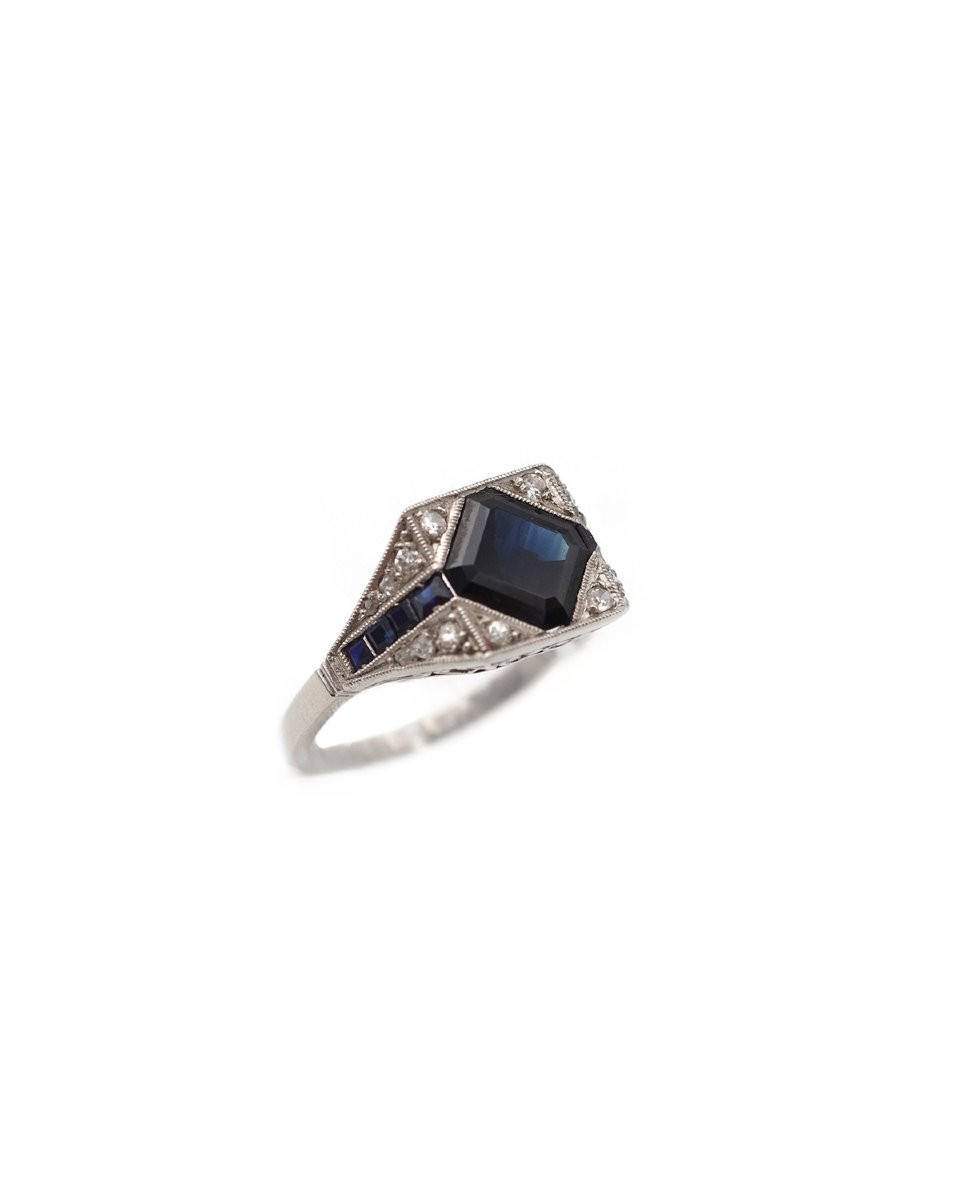 Art Deco Square Sapphire And Diamond Ring In Platinum, Geometric Ring, Natural Sapphire 1.72 Ct-photo-6