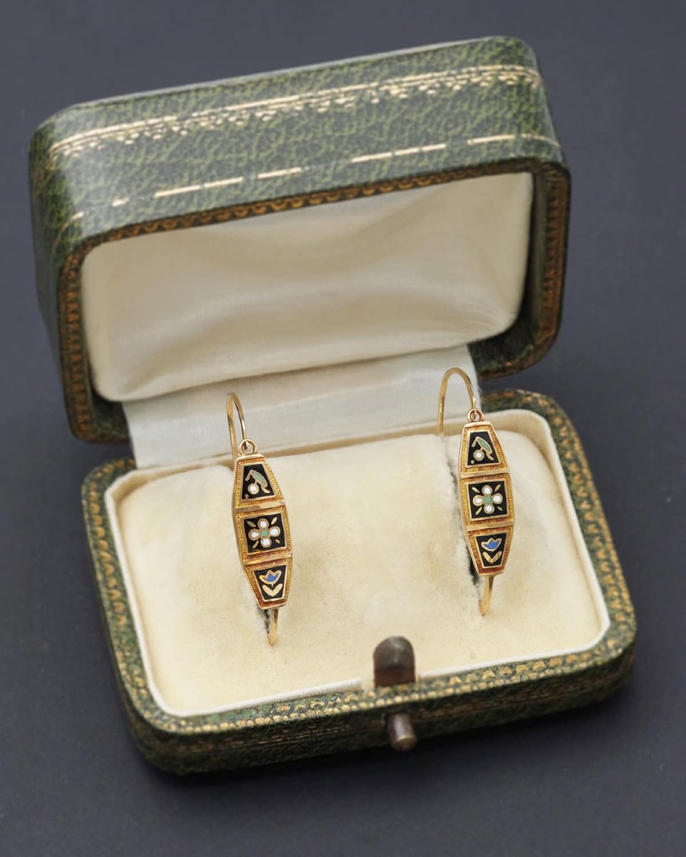 Antique Victorian French Poissardes Enameled Earrings In 18k Gold, French Regional Jewelry-photo-4