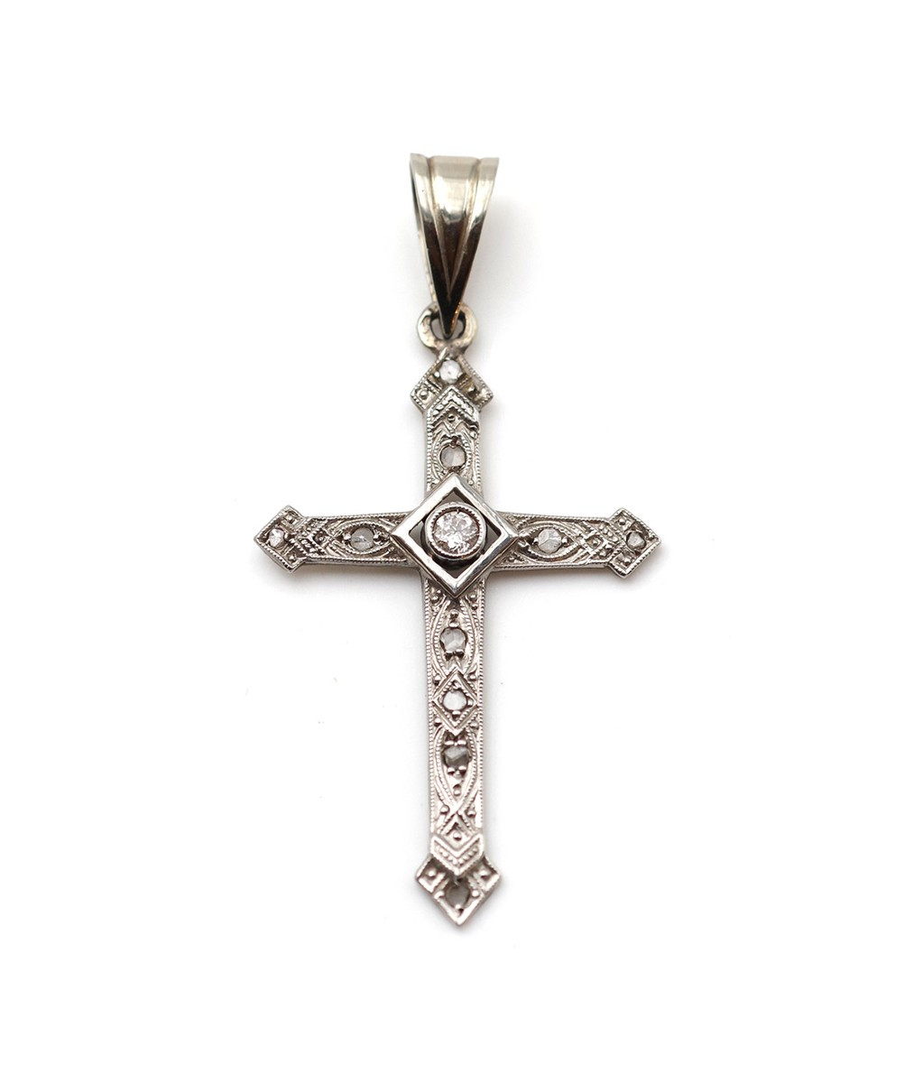 French Art Deco Cross Pendant With Diamonds In 18k Gold, Antique Cross Pendant, Religious Jewel