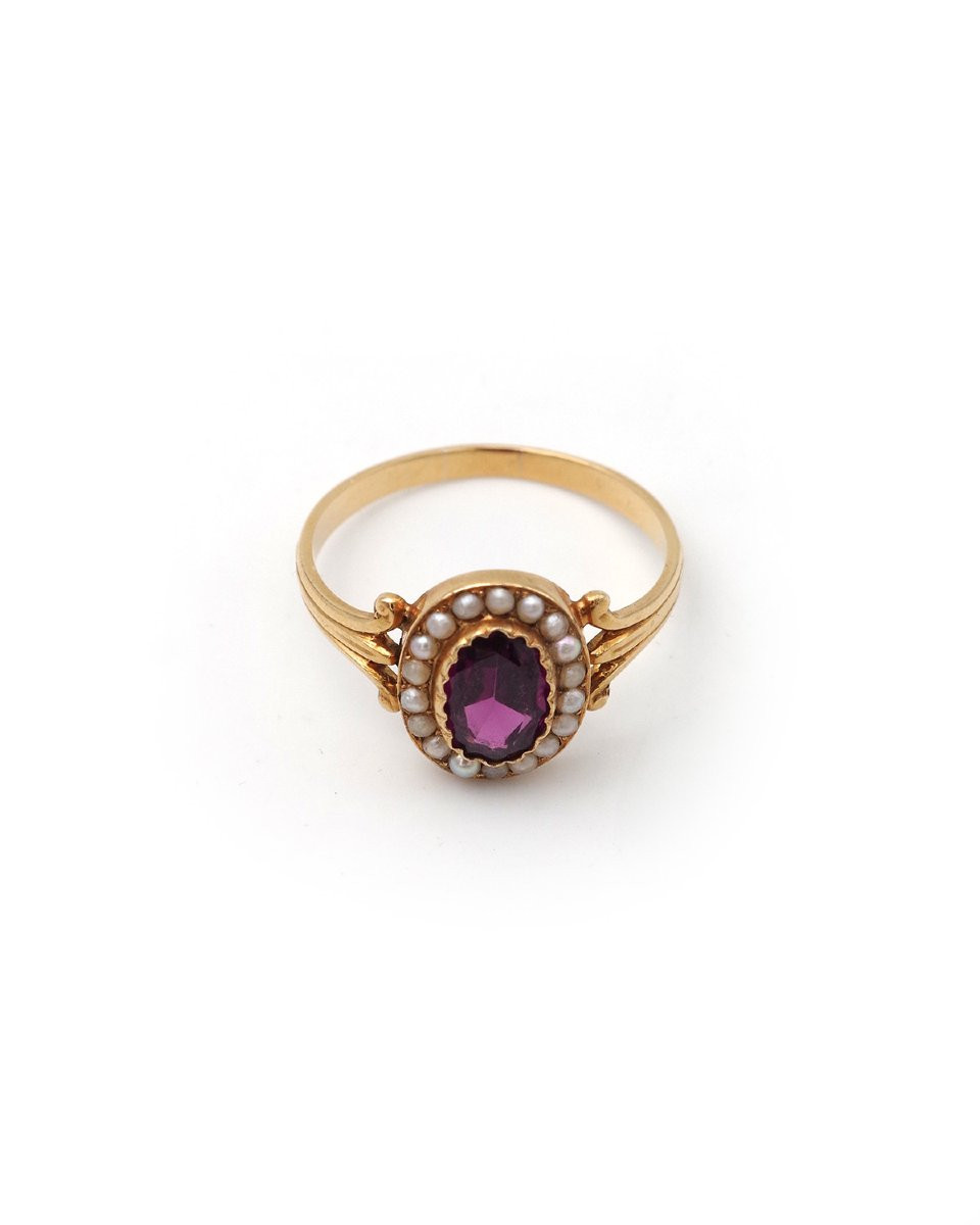 French Victorian Garnet And Pearls Ring In 18k Gold, Pearl And Garnet, Victorian Ring-photo-3
