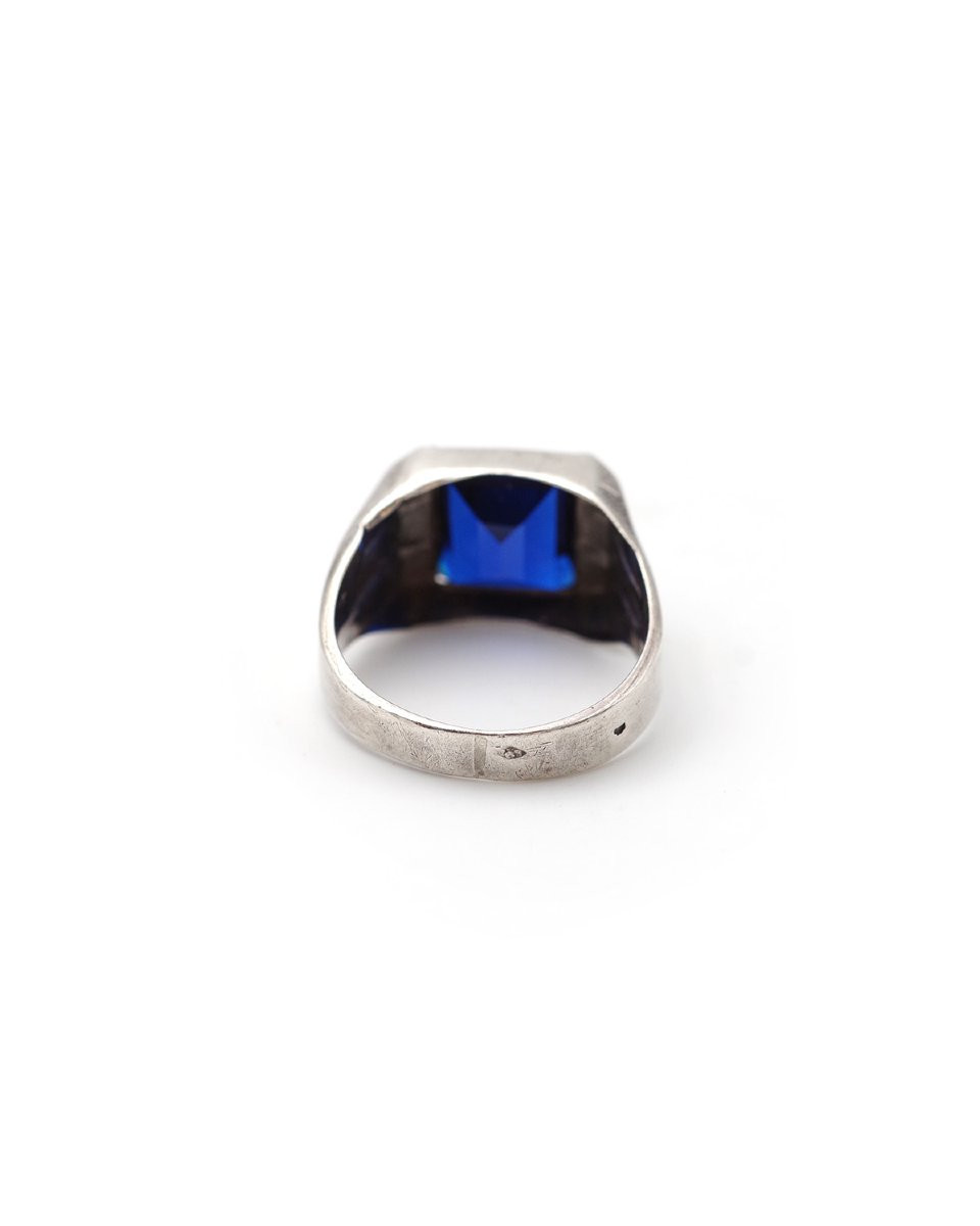 French Antique Silver Tank Ring With Blue Stone, Men's Ring, Blue Spinel-photo-3
