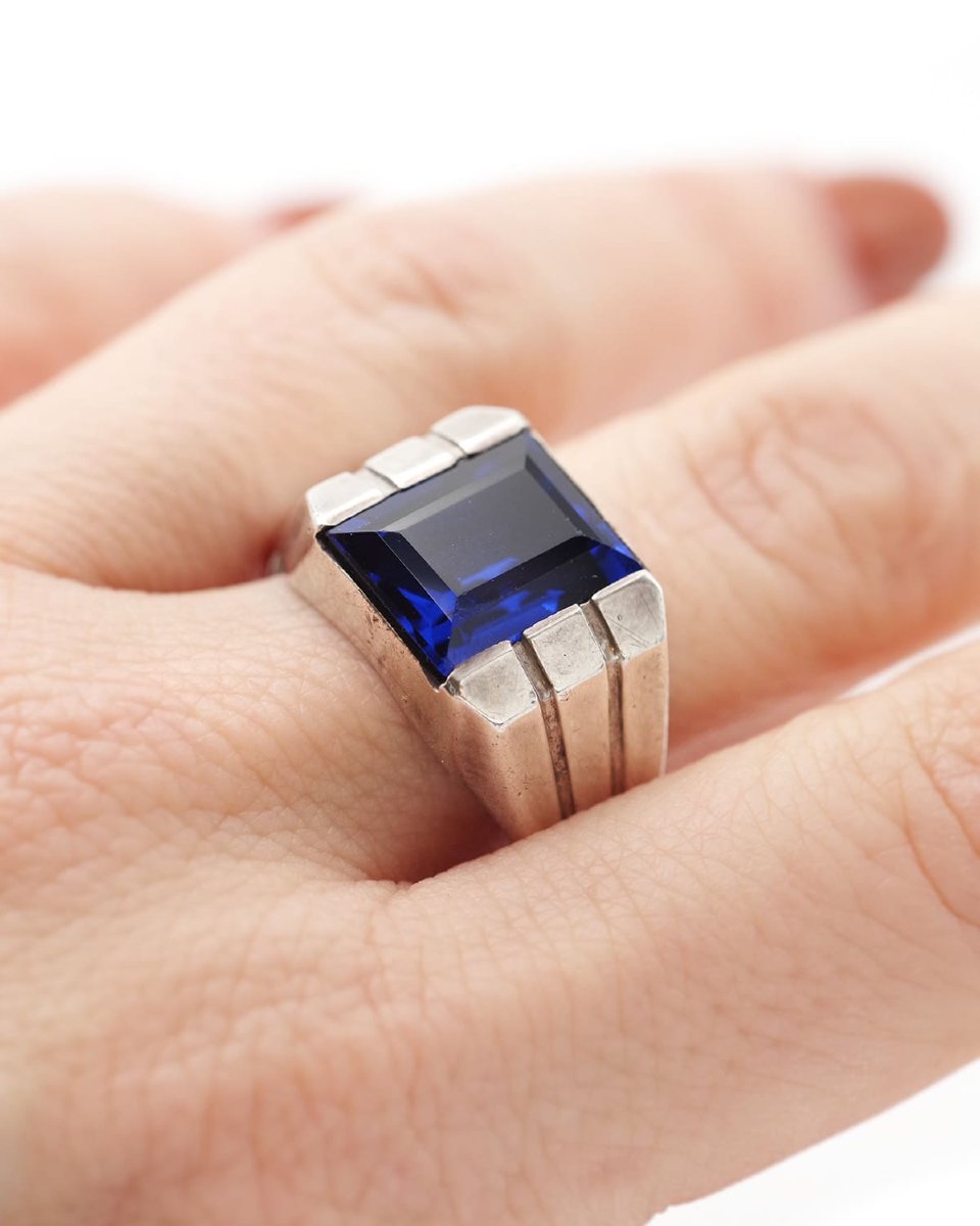 French Antique Silver Tank Ring With Blue Stone, Men's Ring, Blue Spinel-photo-1