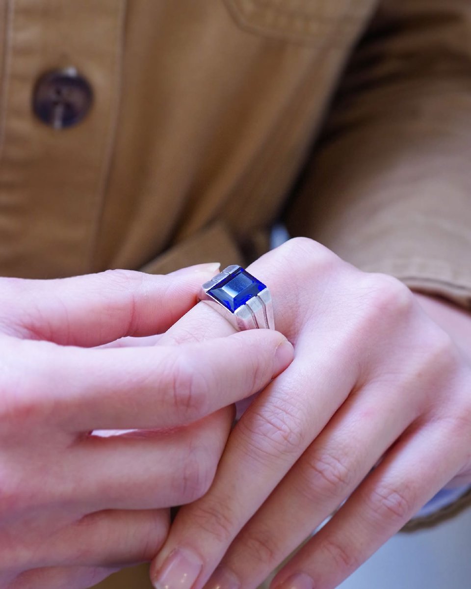 French Antique Silver Tank Ring With Blue Stone, Men's Ring, Blue Spinel-photo-3