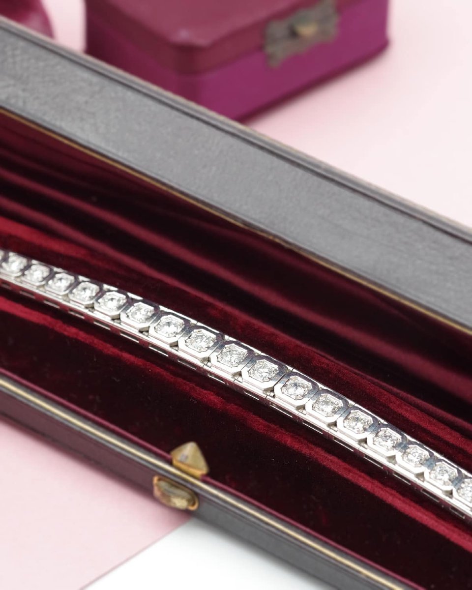 Bracelet Art Deco diamants 3.5 cts en platine et or blanc 18k, bracelet tennis -photo-3
