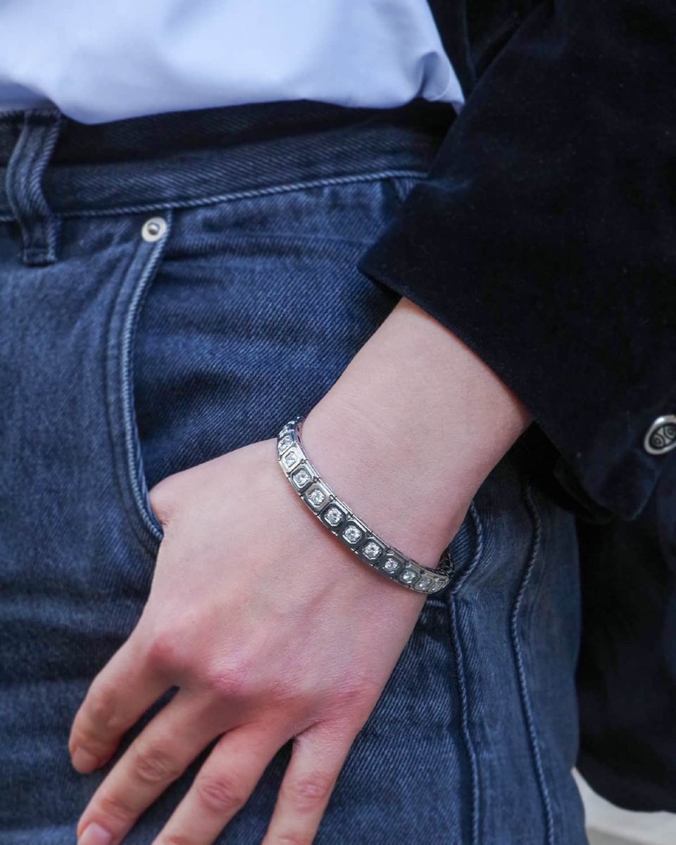 Bracelet Art Deco diamants 3.5 cts en platine et or blanc 18k, bracelet tennis -photo-4