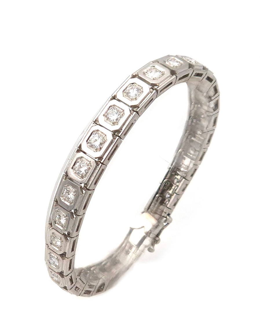 Bracelet Art Deco diamants 3.5 cts en platine et or blanc 18k, bracelet tennis 