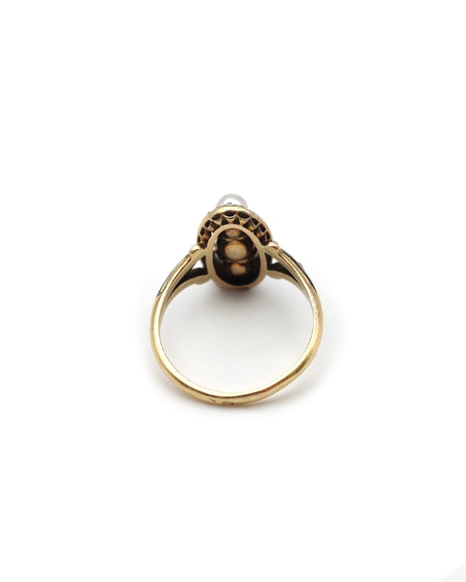 Edwardian Navette Pearls Ring In 18k Gold, Belle Epoque Pearl Diamond Ring, Antique Jewelry-photo-2