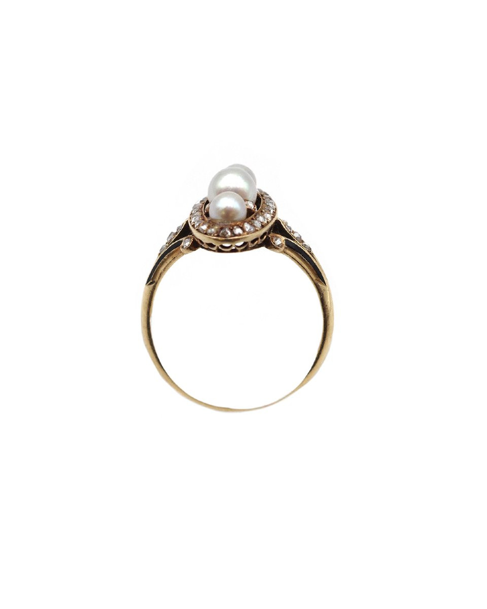 Edwardian Navette Pearls Ring In 18k Gold, Belle Epoque Pearl Diamond Ring, Antique Jewelry-photo-3