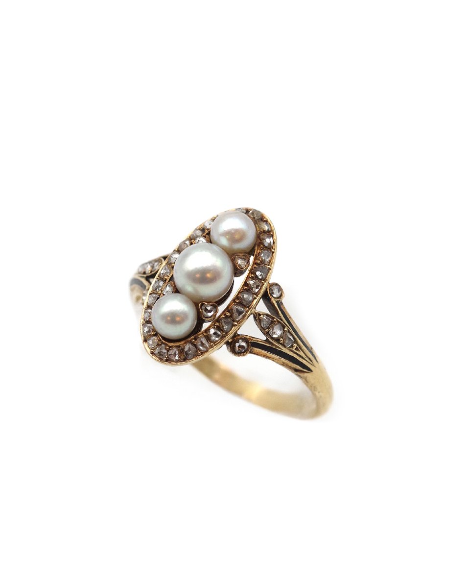 Edwardian Navette Pearls Ring In 18k Gold, Belle Epoque Pearl Diamond Ring, Antique Jewelry-photo-4