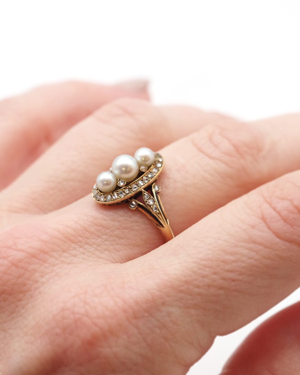 Edwardian Navette Pearls Ring In 18k Gold, Belle Epoque Pearl Diamond Ring, Antique Jewelry-photo-1