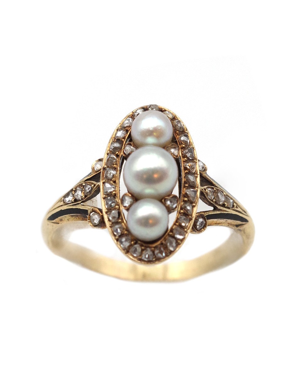 Edwardian Navette Pearls Ring In 18k Gold, Belle Epoque Pearl Diamond Ring, Antique Jewelry