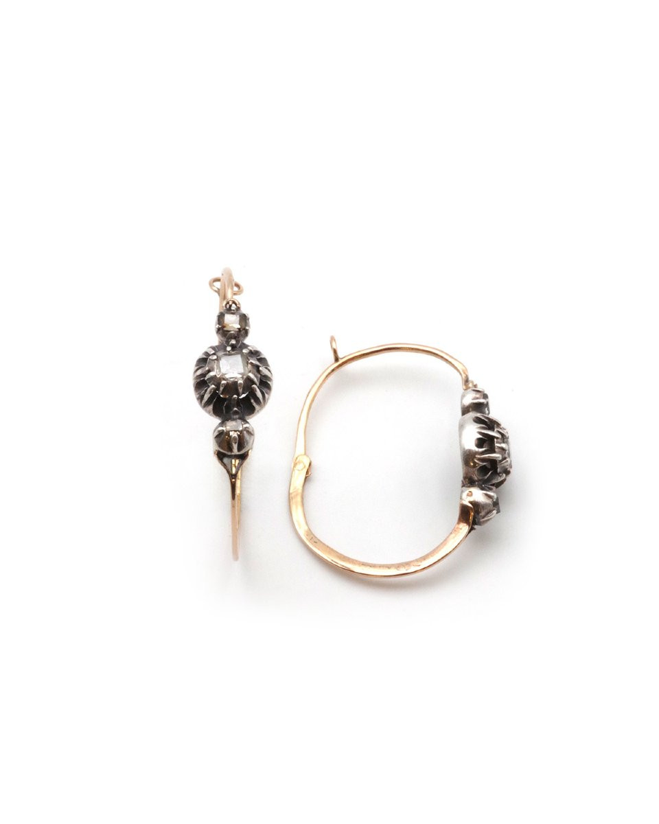 Antique Diamond Poissardes Earrings In 18k Gold And Silver, Table-cut Diamond -photo-3