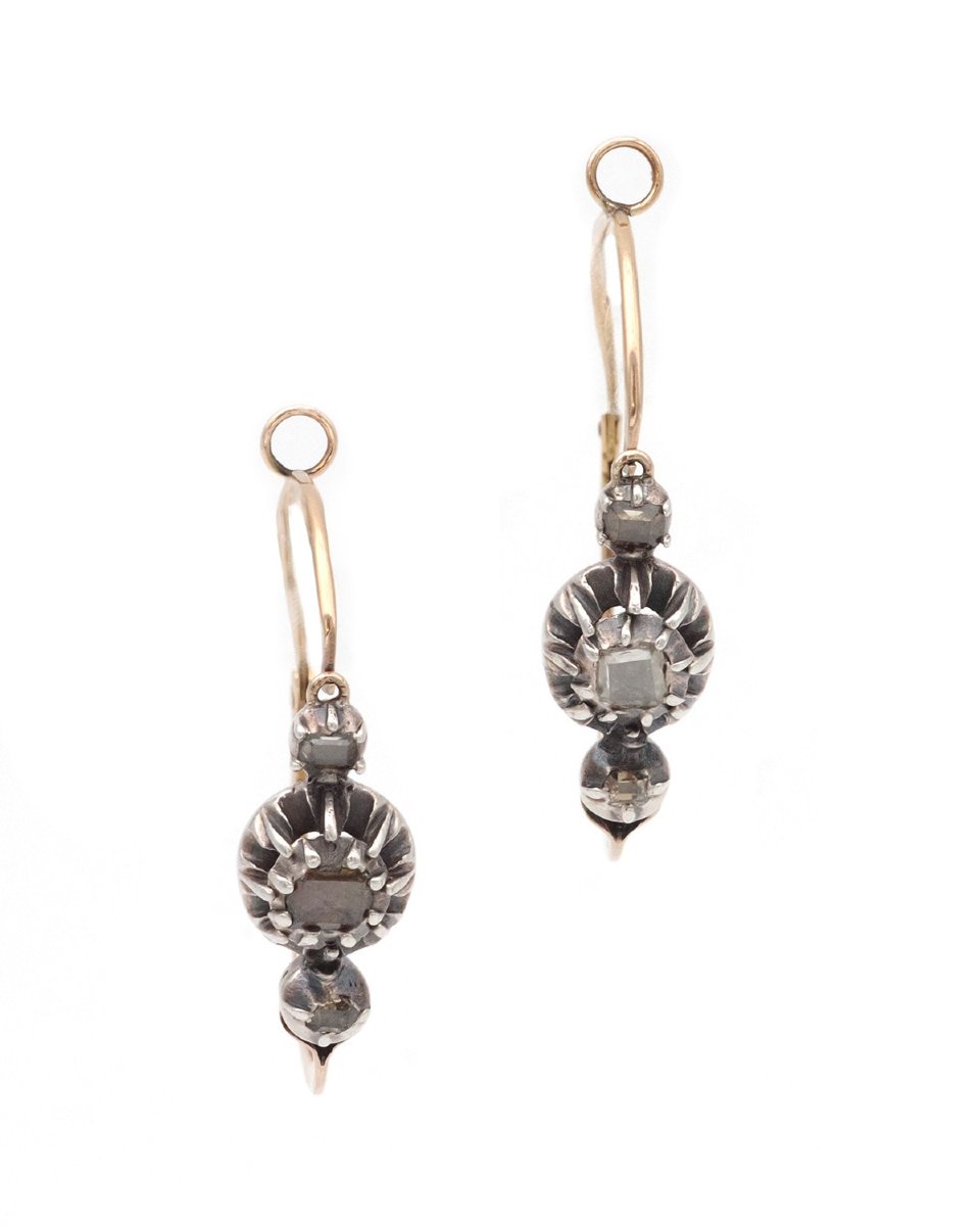 Antique Diamond Poissardes Earrings In 18k Gold And Silver, Table-cut Diamond -photo-1
