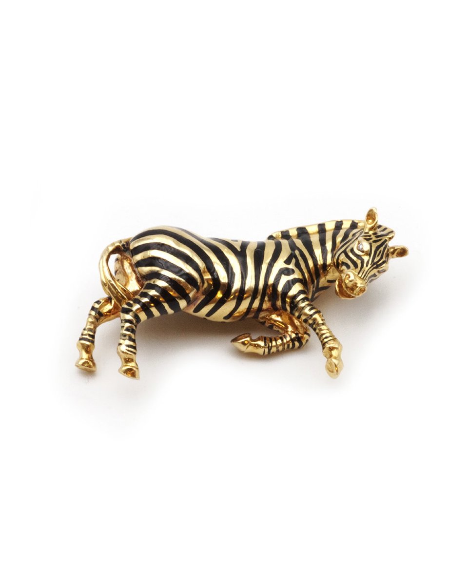 Zebra Enameled French Animal Brooch In 18k Gold, Vintage Animal Brooch, Diamonds-photo-2