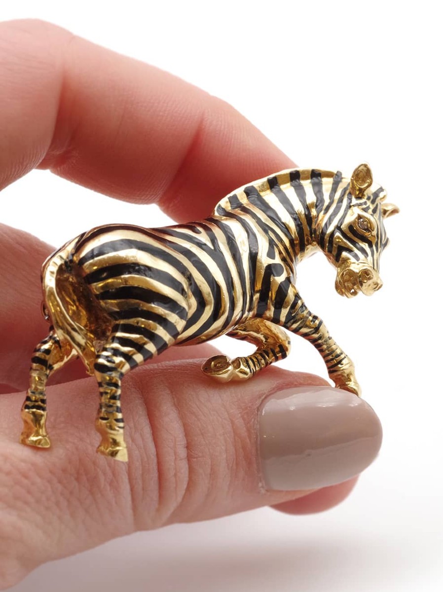 Zebra Enameled French Animal Brooch In 18k Gold, Vintage Animal Brooch, Diamonds