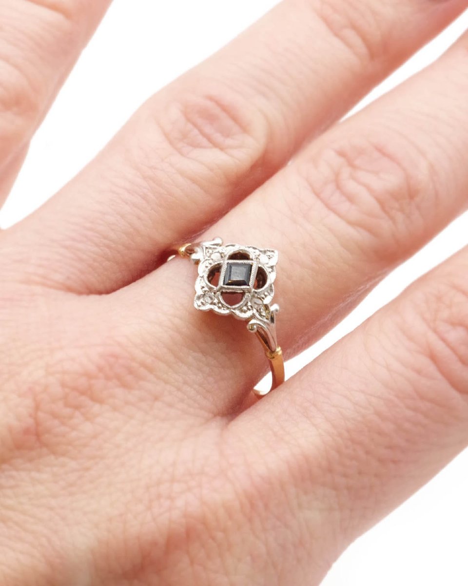 Edwardian Diamond Ring In 18k Gold, Synthetic Sapphire, Belle Epoque Ring -photo-3