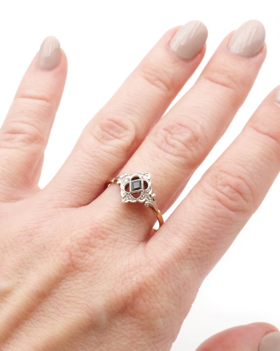 Edwardian Diamond Ring In 18k Gold, Synthetic Sapphire, Belle Epoque Ring -photo-4