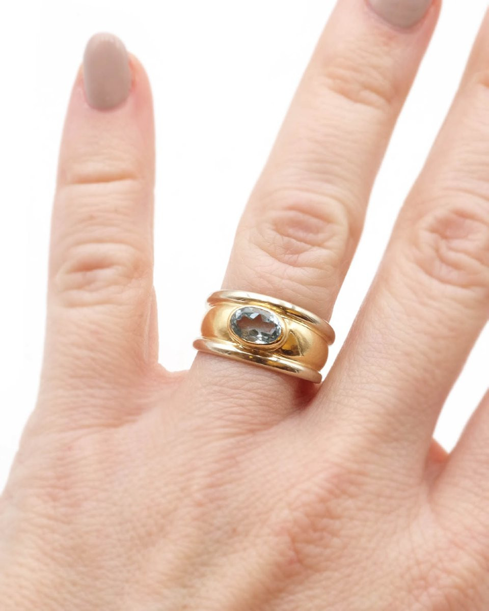 Bague vintage topaze bleue en or 18 karats, bague bandeau, or deux tons-photo-3