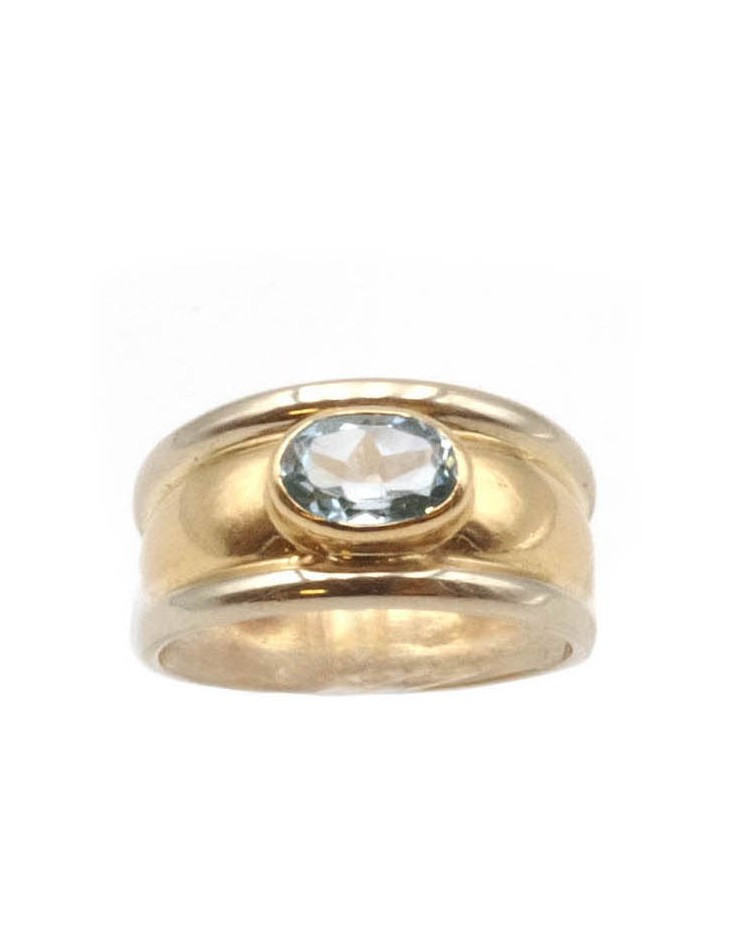 Bague vintage topaze bleue en or 18 karats, bague bandeau, or deux tons