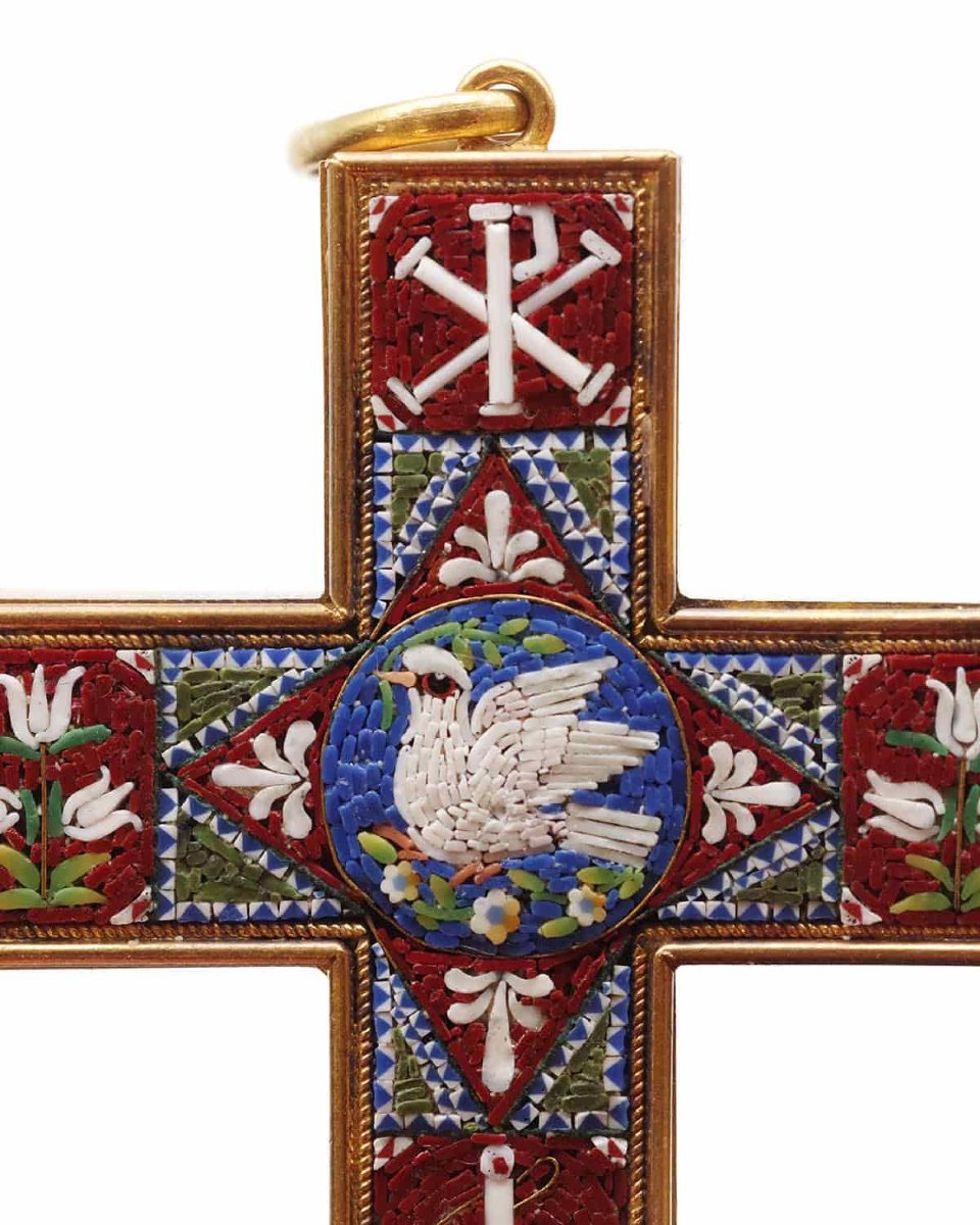 Italian Micromosaic Cross Pendant In 18 Karat Gold, Grand Tour Jewelry, Christian Cross -photo-3