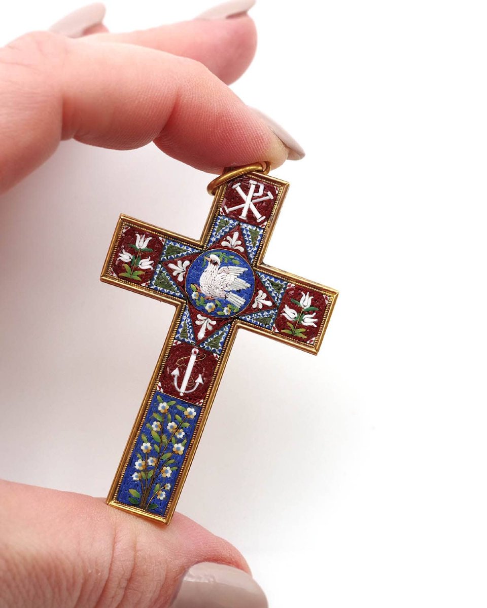 Italian Micromosaic Cross Pendant In 18 Karat Gold, Grand Tour Jewelry, Christian Cross -photo-2