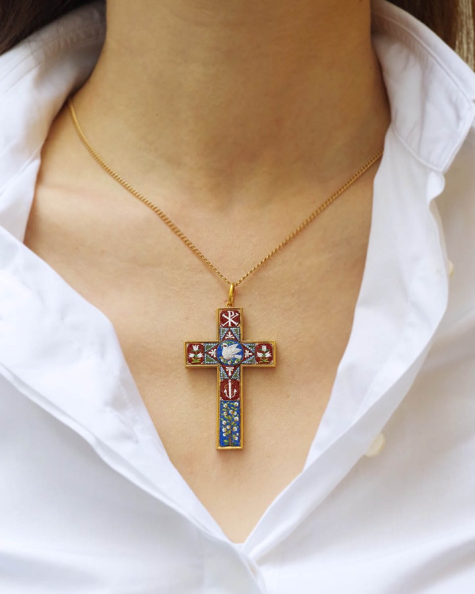 Italian Micromosaic Cross Pendant In 18 Karat Gold, Grand Tour Jewelry, Christian Cross -photo-4