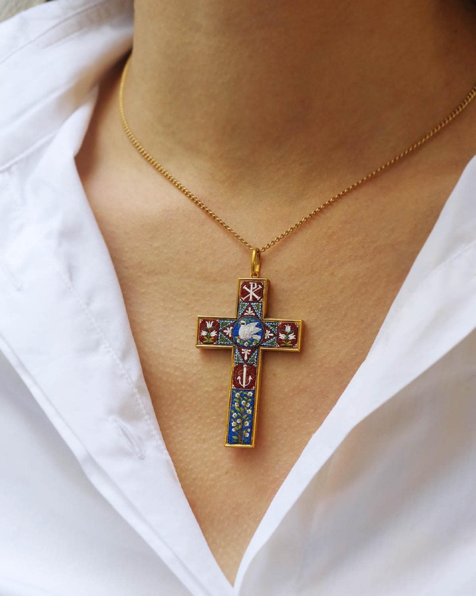 Italian Micromosaic Cross Pendant In 18 Karat Gold, Grand Tour Jewelry, Christian Cross -photo-5